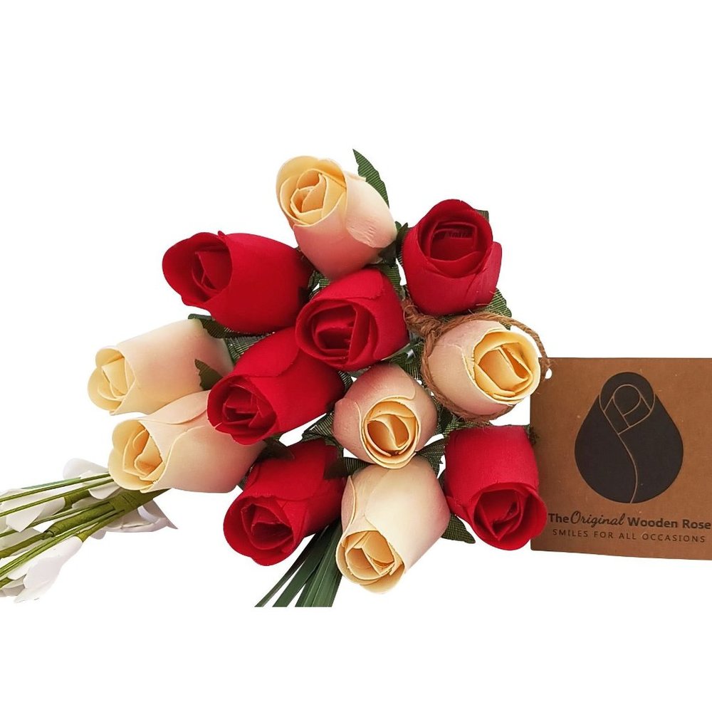 1 Dozen Valentines Day Red and White  Flower Bouquet The Original Wooden Rose